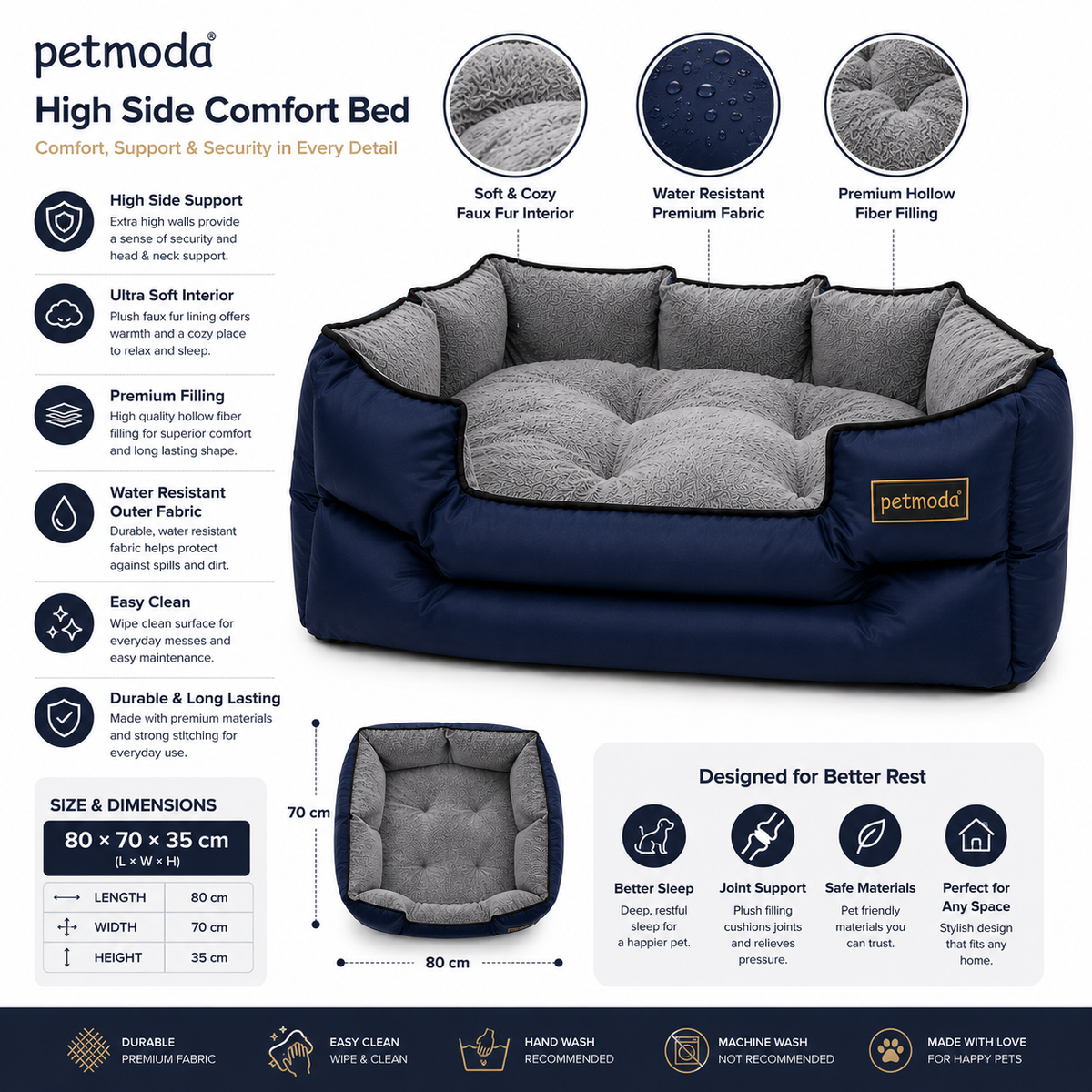 Petmoda High Side Comfort Bed – Premium Waterproof Pet Bed