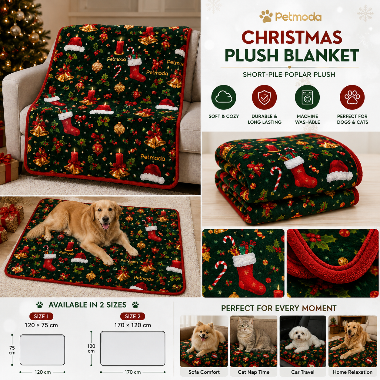Petmoda Christmas Double-Sided Plush Blanket for Dogs & Cats