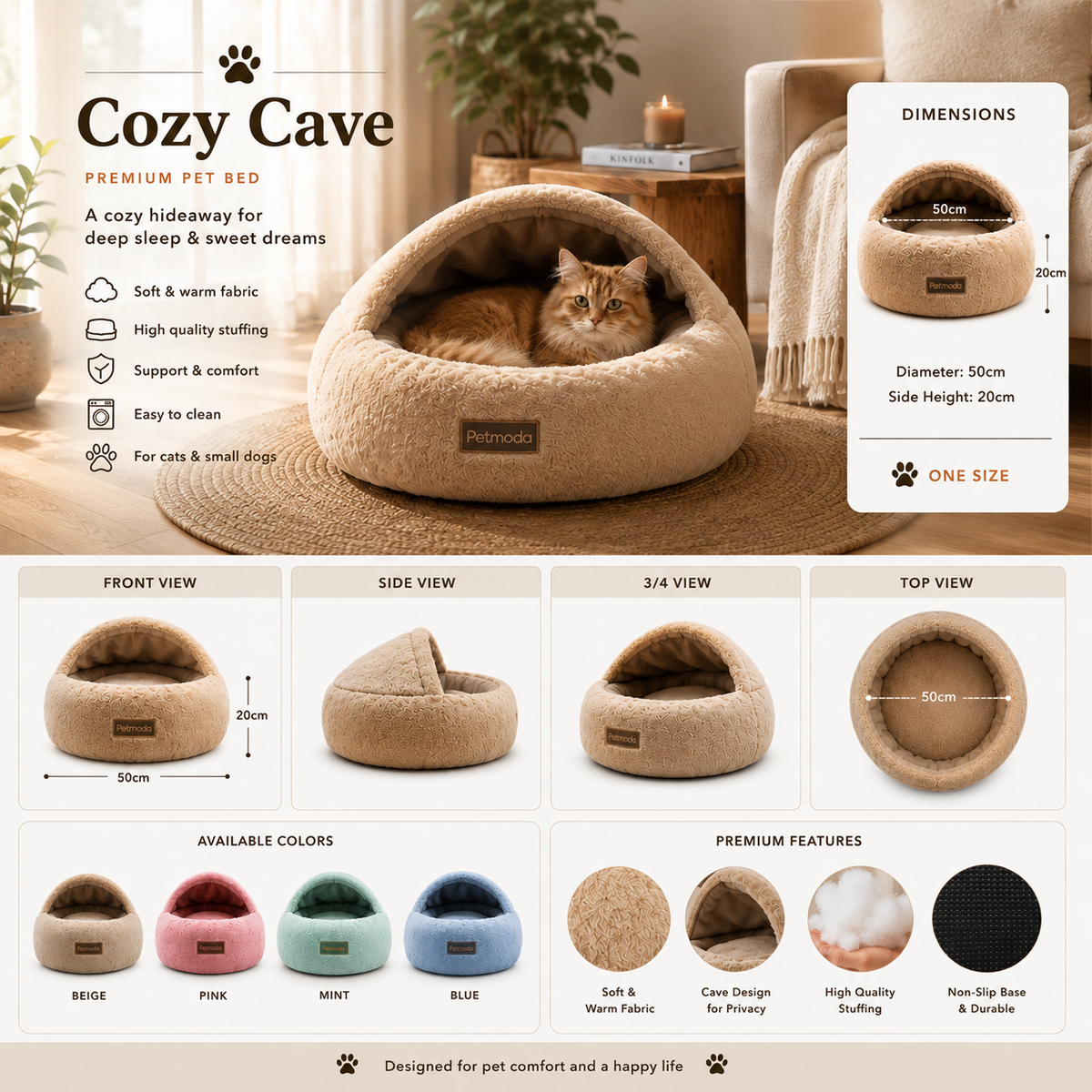 Petmoda Cozy Cave – Plush Cat & Small Dog Bed